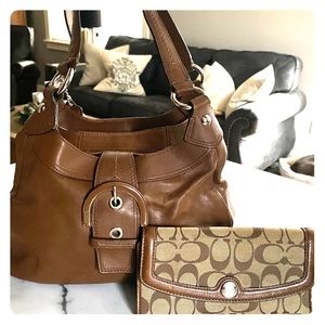 Brown leather Coach bad with wallet.